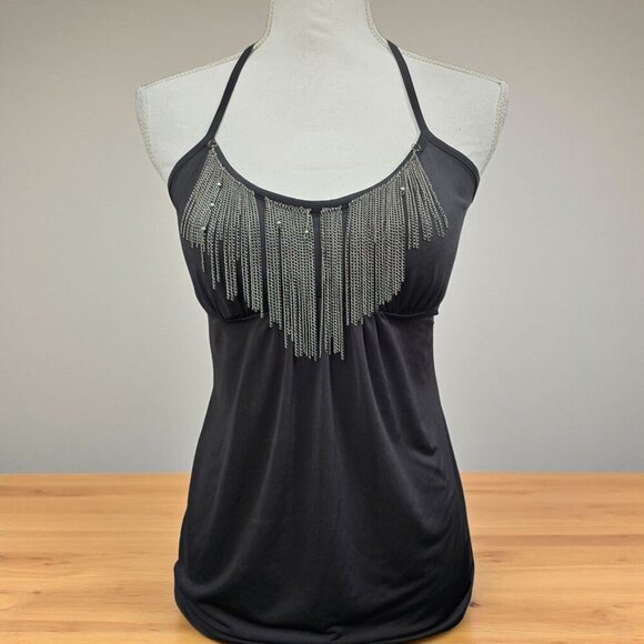 Urban Outfitters ✦ Chain Fringe Halter Top ✦ Black w/ Smocked Back & Tie Neck S - Picture 1 of 9